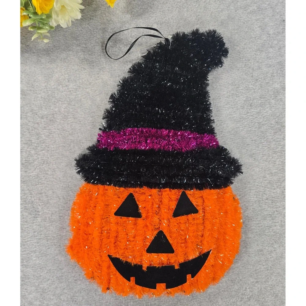 Vintage Y2K Pumpkin Wall Hanging Orange Halloween Tinsel Witch Hat Decor 14